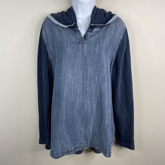 Soft Surroundings Chambray Denim Tunic Top Sz XL Pullover Hoodie Tencel Travel - Picture 1 of 9